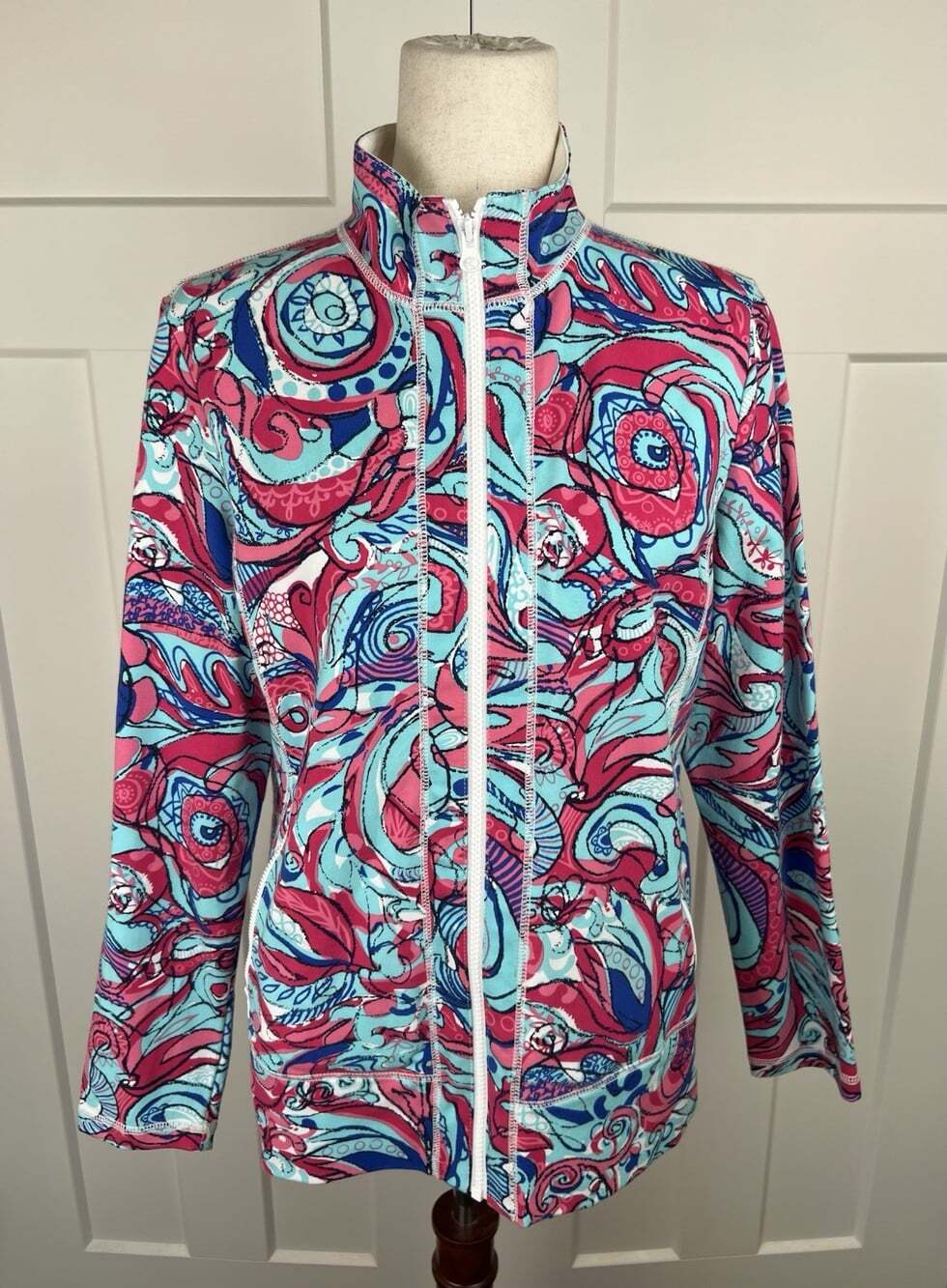 T by Talbots Active Jacket Medium Cotton Stretch Pink Blue Print Full Zip